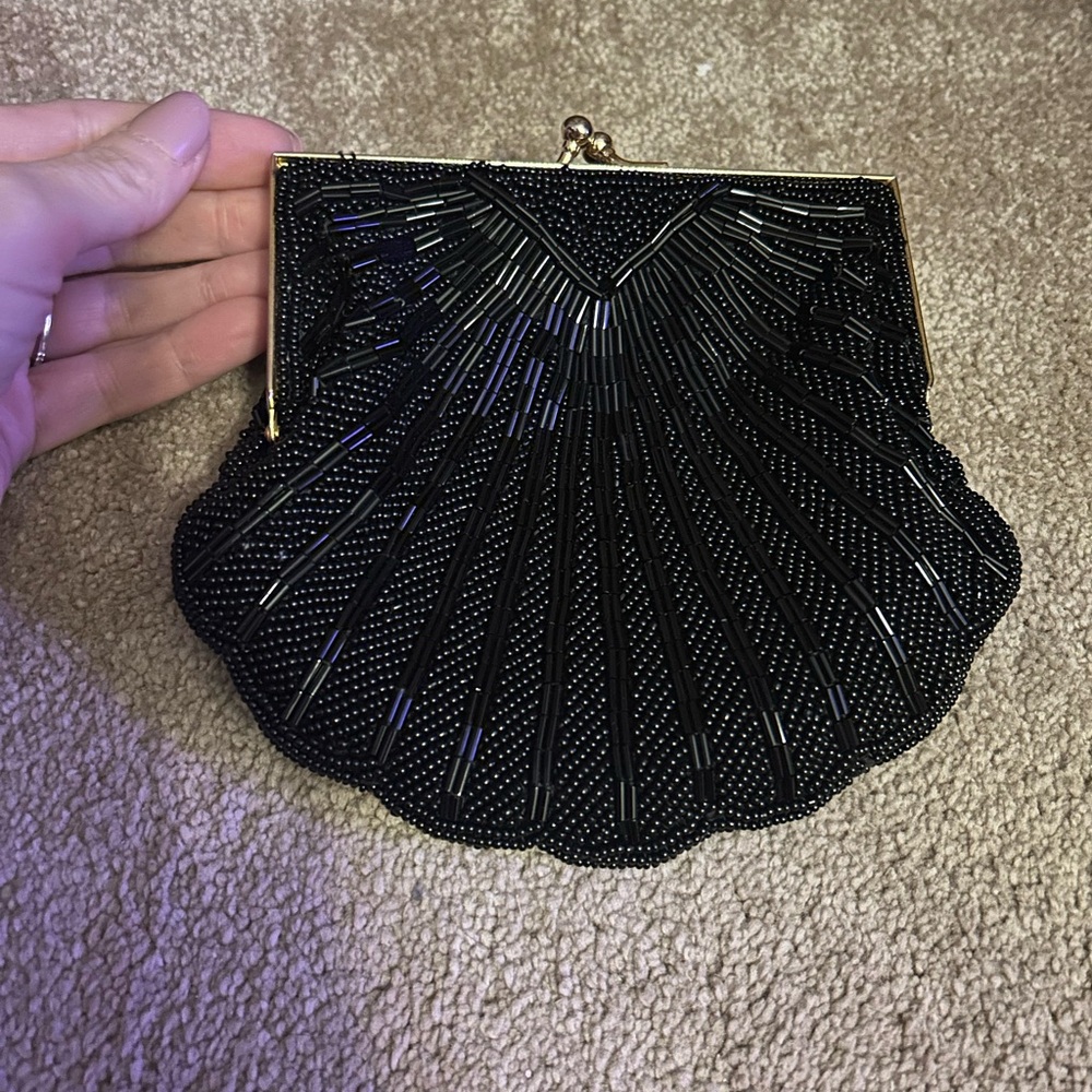 Vintage Beaded Black Shell Clutch Bag • BUENO Japan • Art Deco Evening Purse